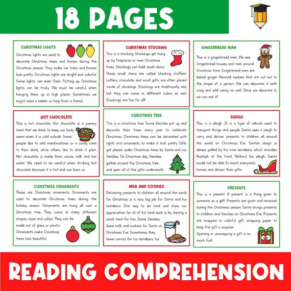 CHRISTMAS READING COMPREHENSION | Christmas Worksheets | Reading and Writing | Preschool | Kindergarten | Grade One | Literacy Centers