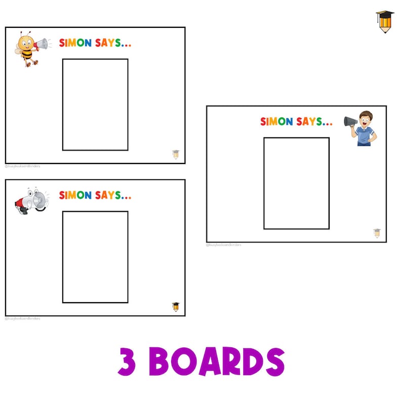 May include: Three printable game boards with the words "Simon Says..." in rainbow letters. Each board features a different cartoon character holding a megaphone. The boards are designed for a game of Simon Says.