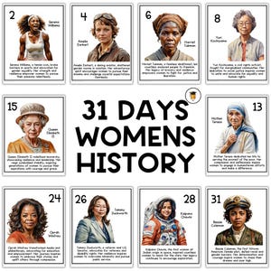 May include: A set of 31 Days of Women's History cards featuring portraits of notable women like Serena Williams, Amelia Earhart, and Oprah Winfrey. Each card includes a portrait and a brief biography.
