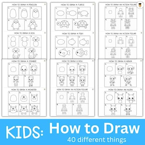 Könnte beinhalten: Eine schwarz-weiße Zeichenanleitung mit zwölf Schritt-für-Schritt-Tutorials für Kinder. Das Rasterlayout zeigt, wie man einen Pinguin, eine Schildkröte, eine Actionfigur, einen Hund, einen Fisch, einen Zombie, eine Puppe, einen Ninja, ein Monster und einen Alien mit nummerierten Schritten zeichnet.