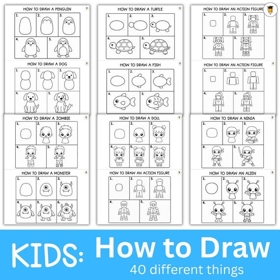 40 Directed Drawing Task Cards | How to Draw for Kids Printable | Easy Step by Step Drawing Pages | Art Worksheets | Classroom Art Center