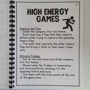 May include: A page from a book with black text on white paper. The text describes two high energy games: Capture the Flag and Ultimate Frisbee. The text explains the rules of each game.