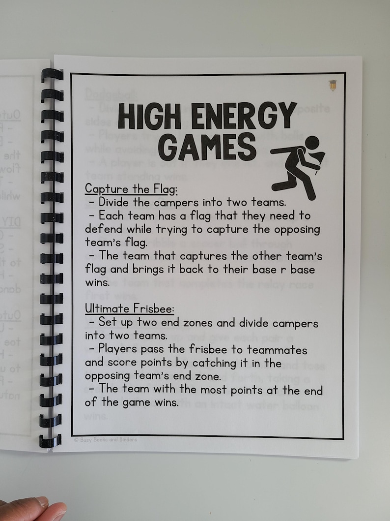 May include: A page from a book with black text on white paper. The text describes two high energy games: Capture the Flag and Ultimate Frisbee. The text explains the rules of each game.