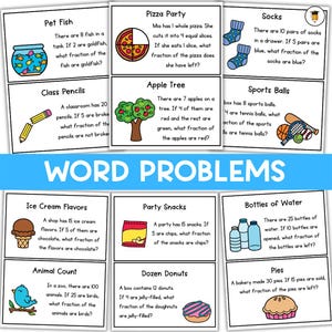 May include: Educational flashcards with word problems, featuring illustrations of fish, pizza, socks, pencils, apples, sports equipment, ice cream, snacks, water bottles, donuts, and pies. The title "WORD PROBLEMS" is displayed prominently.