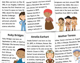 May include: A colorful illustration of 10 women who have made significant contributions to history. Each illustration is accompanied by a short biography of the woman. The women featured are Sally Ride, Ruby Bridges, Harriet Tubman, Amelia Earhart, Sacagawea, and Mother Teresa.