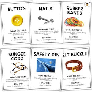 Op de afbeelding: Een kleurrijk diagram met illustraties en beschrijvingen van verschillende bevestigingsmiddelen, waaronder knopen, spijkers, elastiekjes, bungee-koorden, veiligheidsspelden en riemgespen.