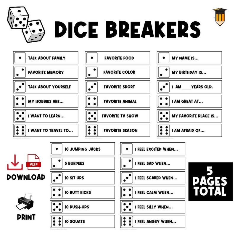 May include: A black and white printable game board with dice and the text "Dice Breakers". The game board features questions and activities to help break the ice and get to know people better. The board is divided into three columns with different categories of questions and activities. The first column has questions about family, memories, and hobbies. The second column has questions about favourite things, such as food, colour, sport, animal, TV show, and season. The third column has questions about personal information, such as name, birthday, age, and favourite place. The bottom of the board has a section with physical activities to do, such as jumping jacks, burpees, sit ups, butt kicks, push-ups, and squats. The board is designed to be printed and used with dice.