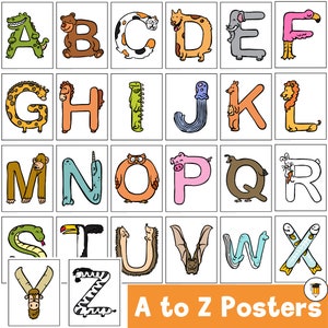 May include: A to Z posters featuring colorful animal illustrations for each letter of the alphabet.  Each letter is formed by the animal's body.  For example, a green alligator forms the letter A, a brown bear forms the letter B, and a cat forms the letter C.