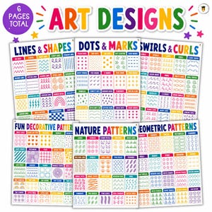 May include: A set of six educational art design sheets featuring colorful grids of various patterns, lines, shapes, dots, marks, swirls, curls, and nature motifs. Each page is titled with bold text including Lines & Shapes, Dots & Marks, Swirls & Curls, Fun Decorative Patterns, Nature Patterns, and Geometric Patterns.