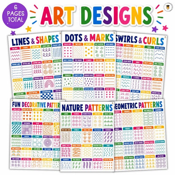 Art Design Posters for Kids | Pattern Drawing Reference Charts | Elements of Art Classroom Decor | Art Center Visuals | 6 Poster Set