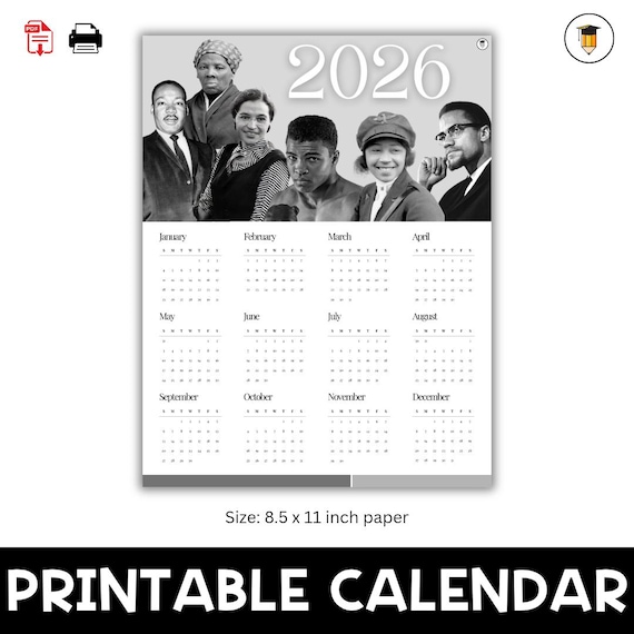 2026 Black History Calendar | Bulletin Board Display | Black History Decor | African American History | Printable Calendar | 2026 | Desk