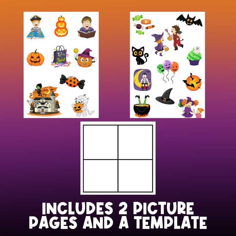 Pu&ograve; includere: Due pagine di immagini di Halloween stampabili con un modello per creare un'attivit&agrave; a tema Halloween. La prima pagina presenta immagini di un pirata, zucche, una strega, un fantasma, una casa e caramelle. La seconda pagina presenta immagini di un pipistrello, una strega, un vampiro, un gatto, un cupcake, palloncini, un calderone e un cappello da strega.