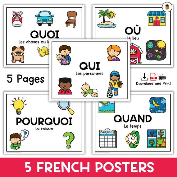 FRENCH: The 5 W's | WH Questions | Who What Where Why When | Speech Therapy | ABA | Category | Class Posters | En Francais | Back to School