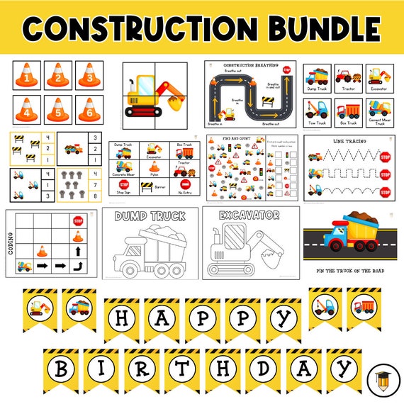 CONSTRUCTION BUNDLE | Busy Book | Number | Preschool Puzzles | Kindergarten Math | Clip Card | Ten Frames | Construction Birthday Banner