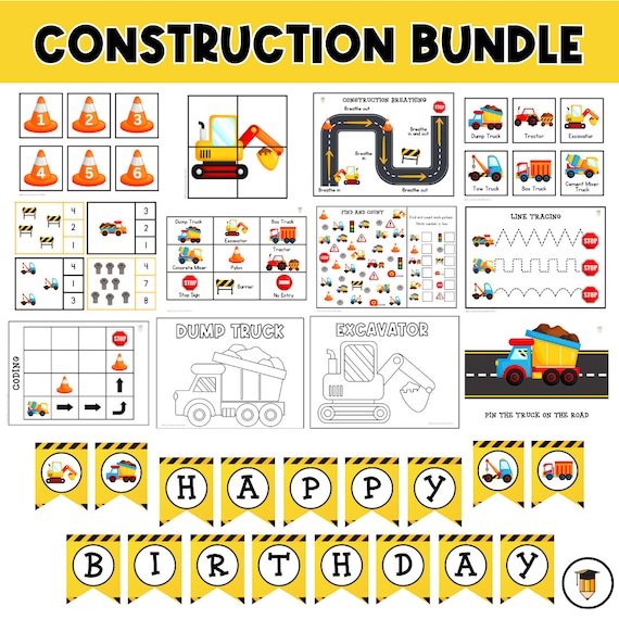 CONSTRUCTION BUNDLE | Busy Book | Number | Preschool Puzzles | Kindergarten Math | Clip Card | Ten Frames | Construction Birthday Banner