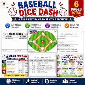 May include: A printable PDF of a baseball-themed dice game called "Baseball Dice Dash." The game includes a score board, quick reference chart, and instructions. The game is designed to practice addition and is suitable for all grades. The game includes 6 unique pages.