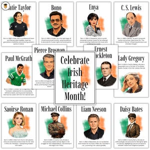 May include: A collection of twelve rectangular cards featuring portraits of notable Irish figures. The cards are arranged around a central card that reads "Celebrate Irish Heritage Month!" in black text. Each card has a portrait and biographical information.