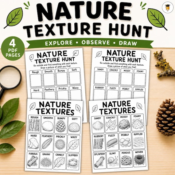 Nature Texture Hunt Printable | Nature Textures Posters & Worksheets | Outdoor Scavenger Hunt | Science Activity | 4 PDF Pages