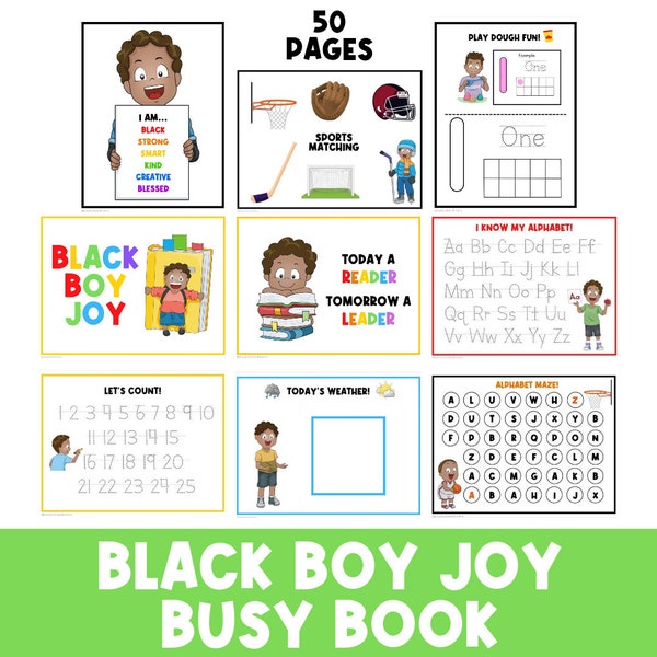 Black Boy Joy | Fleißige Bücher Bündel | Malvorlage | Schwarze Geschichte Monat | Jungen Ermutigung | Affirmationen für Kinder | Melanin | Für Jungen