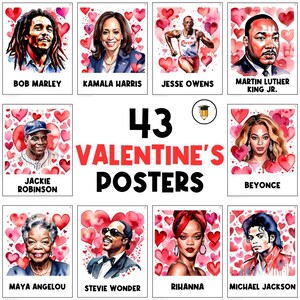 K&ouml;nnte beinhalten: Ein Set mit 43 Valentinstag-Postern mit Aquarell-Illustrationen von ber&uuml;hmten Pers&ouml;nlichkeiten, darunter Bob Marley, Kamala Harris, Jesse Owens, Martin Luther King Jr., Jackie Robinson, Beyonc&eacute;, Maya Angelou, Stevie Wonder, Rihanna und Michael Jackson. Jede Illustration ist von roten Herzen umgeben.