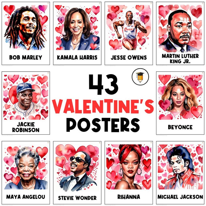 K&ouml;nnte beinhalten: Ein Set mit 43 Valentinstag-Postern mit Aquarell-Illustrationen von ber&uuml;hmten Pers&ouml;nlichkeiten, darunter Bob Marley, Kamala Harris, Jesse Owens, Martin Luther King Jr., Jackie Robinson, Beyonc&eacute;, Maya Angelou, Stevie Wonder, Rihanna und Michael Jackson. Jede Illustration ist von roten Herzen umgeben.
