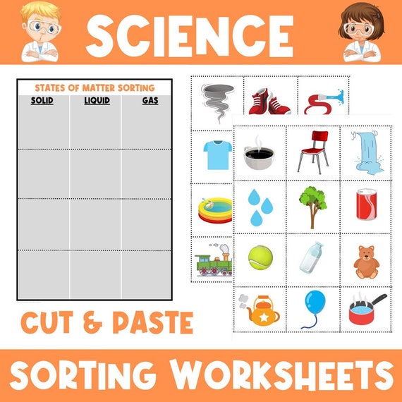 Science | Sorting | Worksheets | Kindergarten | Grade One | Hot or Cold | Light or Heavy | States of Matter | Solid | Liquid | Gas