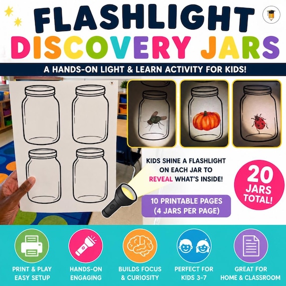 Flashlight Activity for Kids | Preschool Kindergarten Science Center | Hidden Picture Jar Game | Light and Shadow Printable Activity