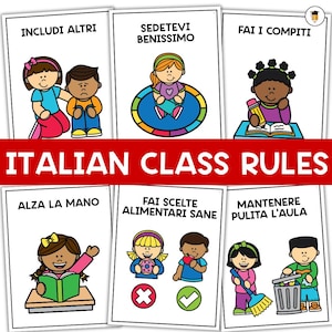 Puede incluir: Un conjunto de seis tarjetas ilustradas con reglas de clase italianas. Cada tarjeta presenta a un niño de dibujos animados que demuestra una regla, como «Incluir a los demás» y «Haz tus deberes». El título «Reglas de clase italianas» está en rojo.