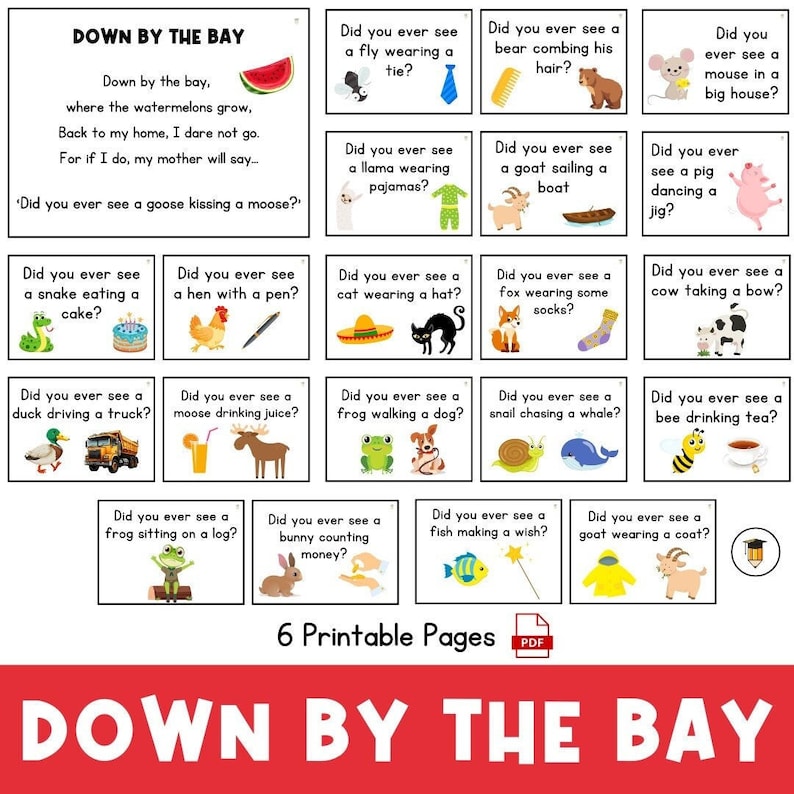 Down by the Bay Song | Song Cards | Kindergarten Songs | Preschool ...