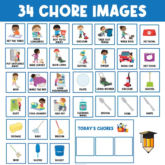 1 BOARD + 34 CHORE CARDS | Children's Chore Boards | Daily Routines | Task Card | First Then Board | Autism | Visual Aid | Behavior Picture