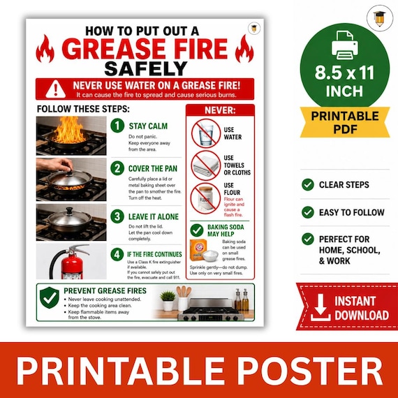 Grease Fire Safety Poster | Kitchen Fire Safety Printable | Emergency Preparedness | Emergency Safety Guide | Lifeskills | Autism Visual Aid