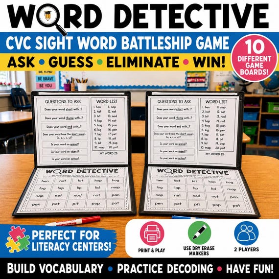 Word Detective Phonics Game | CVC Word Guessing Game | Science of Reading | Literacy Centers | Printable Literacy Center Game