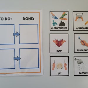 COPIE PHYSIQUE : À faire et à faire | Embarquez ensuite | Aide visuelle | Calendrier visuel | Comportement des tout-petits | Graphique de comportement | Carte de tâche | Corvées