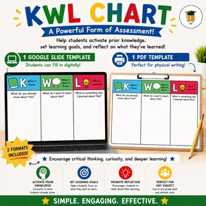 May include: A KWL chart template, shown on a laptop and a clipboard, with the text "KWL CHART" at the top. The chart is designed to help students activate prior knowledge, set learning goals, and reflect on what they've learned. Includes Google Slide and PDF templates.