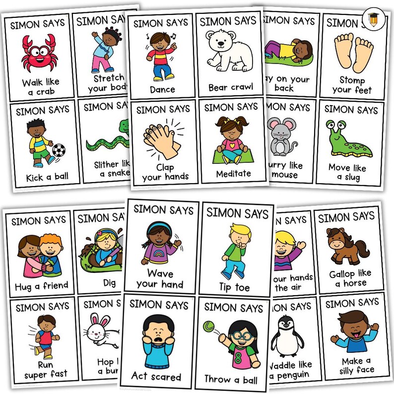 May include: A collection of colorful "Simon Says" game cards. Each card features a cartoon illustration and an action command, such as "Walk like a crab" or "Run super fast". The cards are designed for children's play and learning.