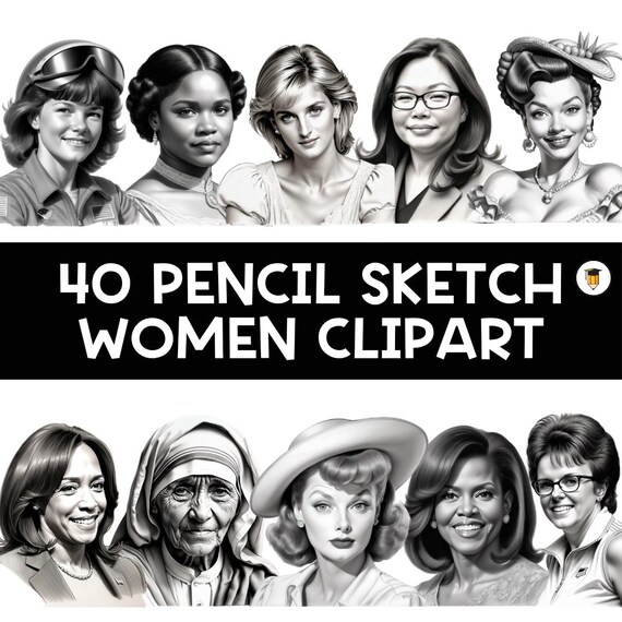 40 Famous Women Clipart | Women's History Month Decor | PNG Image Files | International Women's Day | Bulletin Board Display | Pencil Sketch