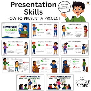 May include: An educational poster titled Presentation Skills How to Present a Project featuring cartoon illustrations of children demonstrating public speaking tips. It includes sections like Speak Loud Enough, Keep Your Eyes Up, and Finish Strong with Do This and Not This examples.