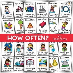 May include: A set of 40 flashcards with the title "HOW OFTEN?" in large red letters. Each card features a question with a corresponding illustration, such as "Do you visit the doctor?" and "Do you eat fruits?" Educational material.