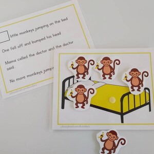 5匹の小さな猿の歌、幼児と就学前のアクティビティ、ファイルフォルダーゲーム、童謡、忙しい本のページ、ホームスクール、子供の歌