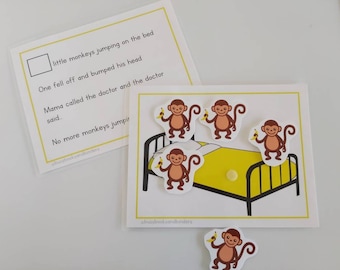 May include: A printable learning activity for kids featuring a story about monkeys jumping on a bed. The story includes the text "little monkeys jumping on the bed. One fell off and bumped his head. Mama called the doctor and the doctor said. No more monkeys jumpir". The image also includes a bed with four monkeys on it and one monkey off the bed.