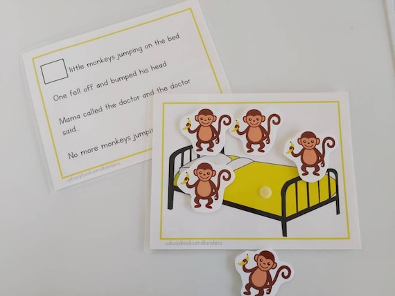 5 Little Monkeys Song, Toddler and Preschool Activities, File Folder Game, Nursery Rhymes, Busy Book Page, Homeschool, Children's Songs