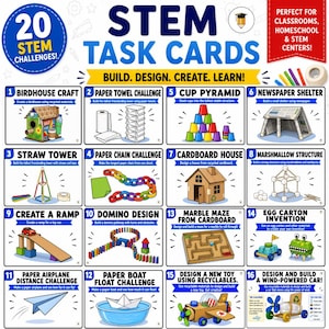 Può includere: Un set di 20 schede attività STEM con sfide educative come la costruzione di una casetta per uccelli, una torre di carta, una piramide di bicchieri, un rifugio di giornale, una torre di cannucce, una catena di carta e altri progetti.