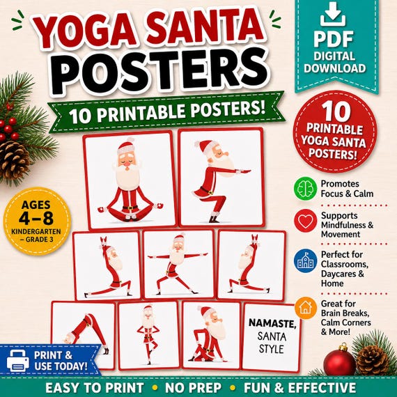 Santa Yoga Posters | Physical Education | Yoga for Kids | Christmas Activities for Children |