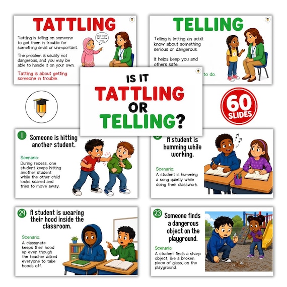 60 Tattling or Telling Activities | SEL Discussion Cards | Classroom Behavior Scenarios | School Counselor Resource | Printable PDF