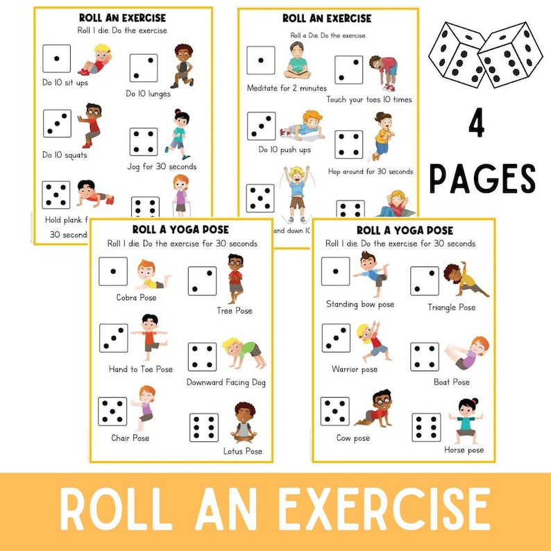 K&ouml;nnte beinhalten: Vier druckbare Seiten mit bunten Illustrationen von Kindern, die verschiedene &Uuml;bungen machen. Jede Seite hat einen W&uuml;rfel und Anweisungen f&uuml;r eine andere &Uuml;bung. Der Titel des Spiels lautet "Roll an Exercise".