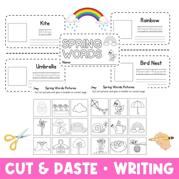 Spring Activities | Kindergarten Cut and Paste | Reading Writing | Preschool Writing | Printable Worksheets | Scissor Skills | Cutting Book