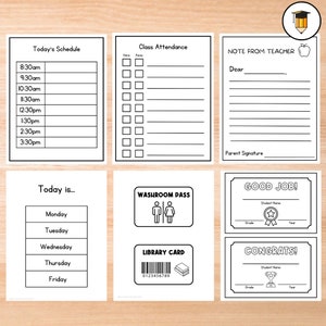 May include: Black and white printable classroom forms for teachers. The forms include a daily schedule, class attendance, a note from the teacher, a washroom pass, a library card, a good job certificate, and a congrats certificate.