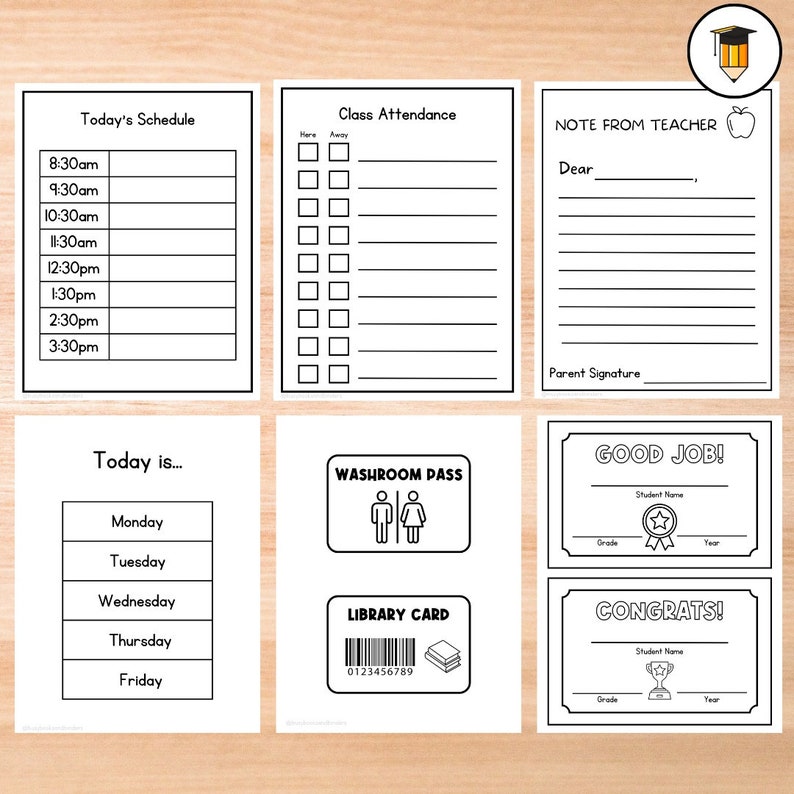May include: Black and white printable classroom forms for teachers. The forms include a daily schedule, class attendance, a note from the teacher, a washroom pass, a library card, a good job certificate, and a congrats certificate.