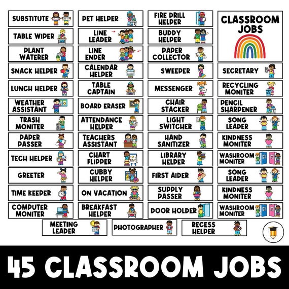 45 Classroom Jobs | Classroom Visual Task Cards | Classroom Decor | Daily Routine Chart | Homeschool | Daycare | Class Printables | Teacher