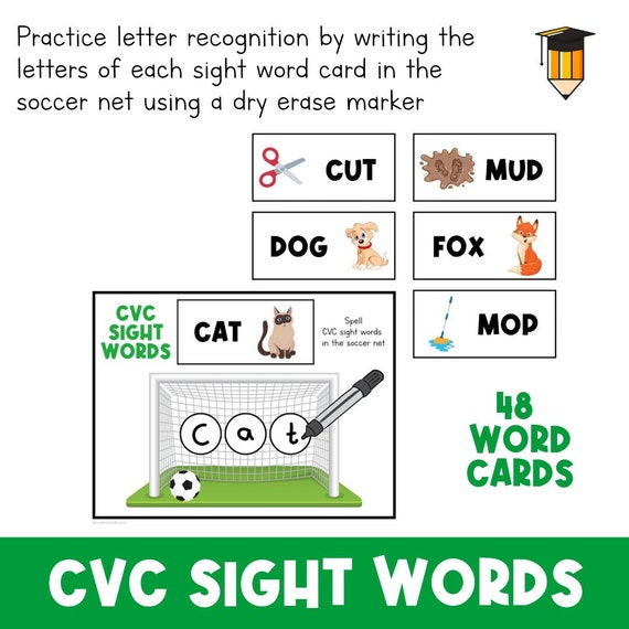 CVC Soccer Sight Words | Sight Words | Literacy Centers | Busy Book | Preschool Writing | Kindergarten | Phonics | Spelling  | Homeschool